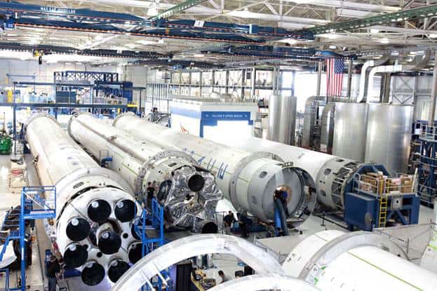 Falcon 9 first stages on the SpaceX production floor in Hawthorne.